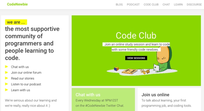 A old page screen shot of the Code Newbies website's landing page.