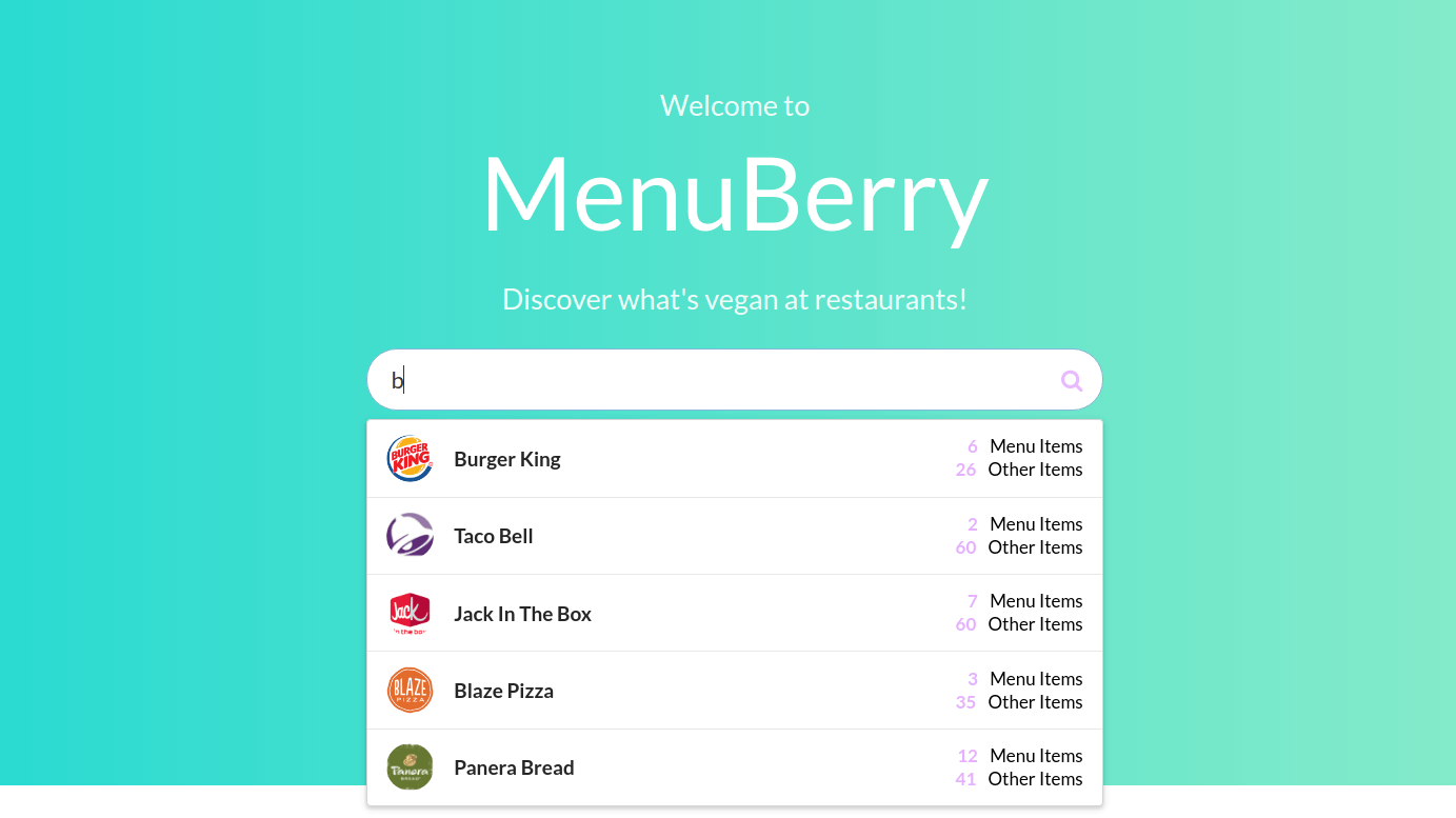 A screen-shot of the MenuBerry - Vegan App - landing page