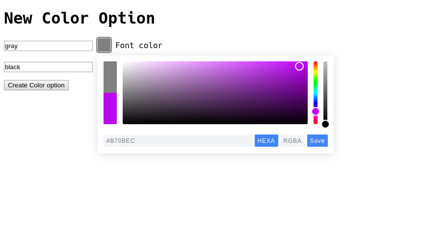 A Page screen shot of the Color Option form being developed in the following tutorial